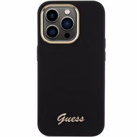 Guess Silicone Script Metal Logo & Frame dėklas telefonui iPhone 15 Pro - juodas