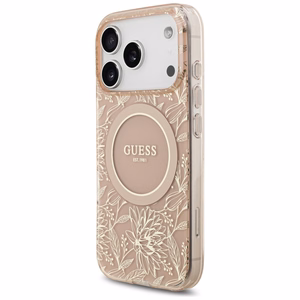 Guess IML Flowers Electro Pearl Strap MagSafe dėklas telefonui iPhone 17 Pro - rožinis