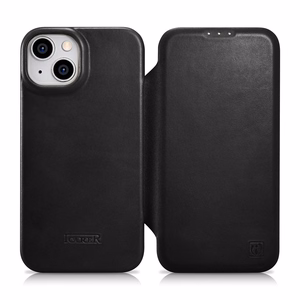 iCarer CE Oil Wax Premium odinis folio dėklas iPhone 14 Plus Magnetinis atverčiamas dėklas su MagSafe Juodas (AKI14220707-BK)