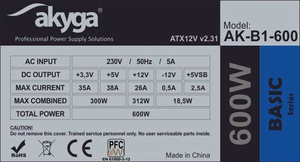 Akyga AK-B1-600 maitinimo blokas 600 W 20+4 pin ATX ATX Pilka
