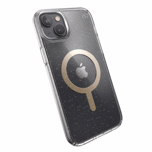 Speck Presidio Perfect-Clear with Glitter + MagSafe case for iPhone 15 Plus / 14 Plus, with Microban antimicrobial protection, Clear / Gold Glitter