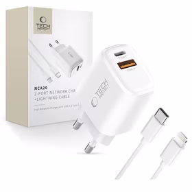 Tech-Protect NCA20 PD 20W QC3.0 USB-A / USB-C sieninis įkroviklis + USB-C / Lightning kabelis 100cm - baltas
