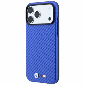 BMW dėklas, skirtas iPhone 18 Pro / 17 Pro: (Carbon Metal Logo), suderinamas su MagSafe, spalva – mėlyna