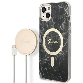 Rinkinys Guess GUBPP14MHMEACSK dėklas + įkroviklis iPhone 14 Plus 6.7" juodas/kietas dėklas Marmuras Magnetinis