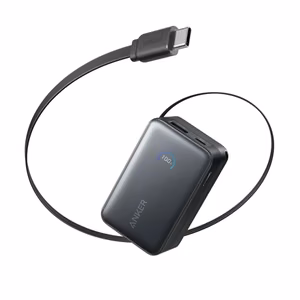 Anker Nano A1638H11 – 10000 mAh 45 W išorinė baterija su ištraukiamu USB-C laidu, juoda