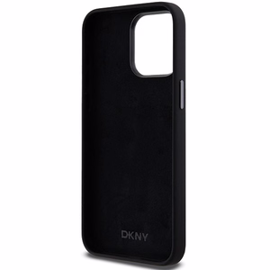 DKNY skystojo silikono metalinio logotipo dėklas telefonui iPhone 15 Pro - juodas