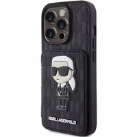 Karl Lagerfeld Saffiano Cardslots and Stand Monogram Ikonik Patch Dėklas telefonui iPhone 15 Pro Max - juodas
