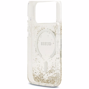 Guess Resin Bottom Glitter MagSafe dėklas, skirtas iPhone 18 Pro / 17 Pro, auksinis