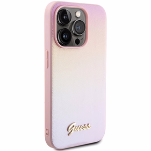 Guess Saffiano Iridescent Script dėklas telefonui iPhone 14 Pro Max - rožinis