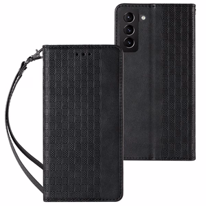 Magnetinis dėklas telefonui Samsung Galaxy S22+ (S22 Plus) su dirželiu, pinigine ir mažu pakabuku - juodas