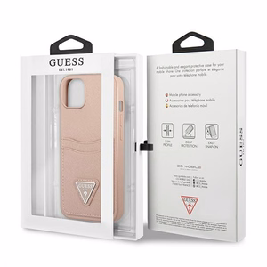 Guess GUHCP13SPSATPP iPhone 13 mini 5,4 "rožinis / rožinis kietas dėklas SaffianoTriangle Logo Kortelių skyrius