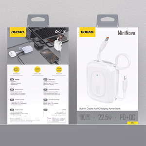 Dudao K32 22.5W 10000mAh išorinė baterija su įmontuotu USB-C / Lightning kabeliu - balta