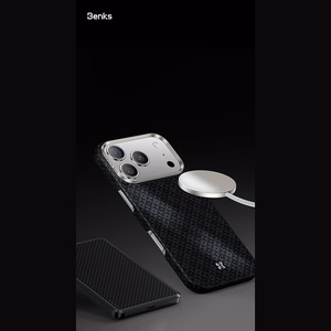 Juodas „Benks Magnetic Armor Air Armor Grid 600D“ kevlaro dėklas su metaliniu rėmeliu (C.K.FL.AP.BK.0073), skirtas iPhone 18 Pro Max / iPhone 17 Pro Max