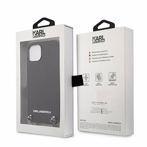 Karl Lagerfeld KLHCP13SPMK iPhone 13 mini 5,4 "juodas kietas dėklas Odinis tekstūruotas ir grandinė