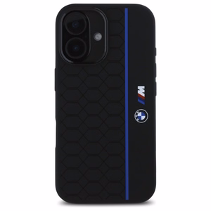 BMW Silikoninis Hexagon Blue Line Magnetinis dėklas iPhone 16 - juodas