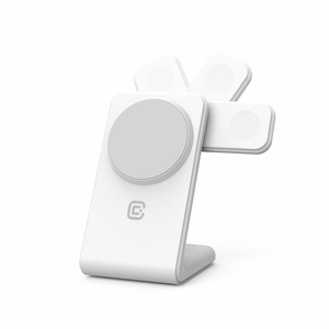 Crong MagSpot Pivot Stand 3 viename belaidis įkroviklis, skirtas iPhone, Apple Watch ir AirPods, suderinamas su MagSafe, baltas