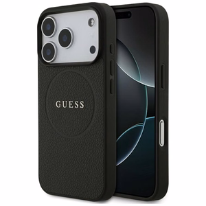 Guess Grained Gold Ring MagSafe dėklas, skirtas iPhone 18 Pro / 17 Pro – spalva: juoda