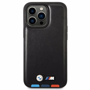 Dėklas BMW BMHMP14X22PTDK iPhone 14 Pro Max 6.7 - juodas odinis dėklas su trispalviu spaudu MagSafe