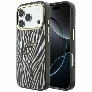 Guess IML Zebra Glitter Triangle Logo MagSafe dėklas, skirtas iPhone 18 Pro / 17 Pro – spalva: sidabrinė