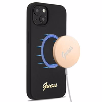 Guess GUHMP13MLSLMGBK dėklas telefonui iPhone 13 6.1" juodas kietas silikoninis su auksiniu logotipu MagSafe