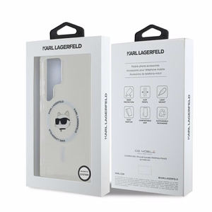 Karl Lagerfeld mygtukinis Choupette Head atspausdintas logotipas Magnētinis Samsung Galaxy S25 Ultra dėklas baltas