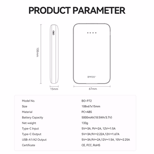 BWOO išorinė baterija P72 QC 22.5W PD 20W 5000 mAh su 2 x USB-A ir 1 x USB-C jungtimis, juoda