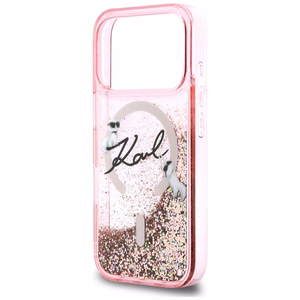 Karl Lagerfeld Liquid Glitter Karl Script Logo MagSafe Dėklas for iPhone 17 Pro - rožinis