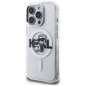 Karl Lagerfeld IML Glitter Karl & Choupette Sketch Logo MagSafe dėklas iPhone 16 Pro Max - skaidrus