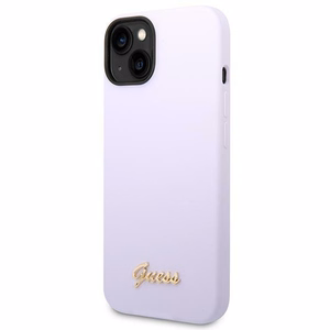 Guess silikoninis Vintage Gold Logo dėklas iPhone 14 / 15 Plus violetinis