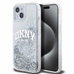 DKNY skystojo blizgučio didelio logotipo dėklas telefonui iPhone 15 / 14 / 13 - baltas