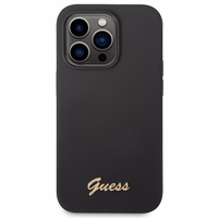 Guess GUHCP14XSLSMK iPhone 14 Pro Max 6.7" juodas kietasis dėklas silikoninis Vintage Gold Logo