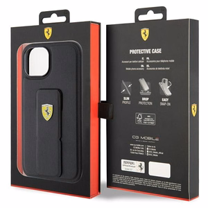 Ferrari Grip Stand Metal Logo dėklas iPhone 15 – juodas