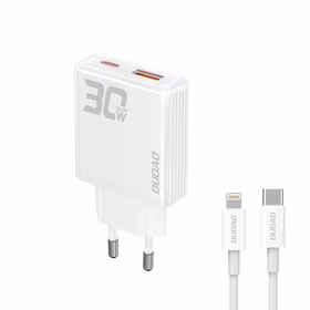 GaN Dudao A30EUL 30W USB-A / USB-C sieninis įkroviklis + USB-C - Lightning kabelis - baltas
