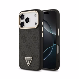 Dėklas Guess PU Leather 4G Strass Triangle Logo Gold Frame MagSafe Apple iPhone 18 Pro juodas