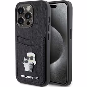 Karl Lagerfeld Saffiano kortelių lizdas Karl&Choupette metalinis kaištis dėklas iPhone 15 Pro - juoda