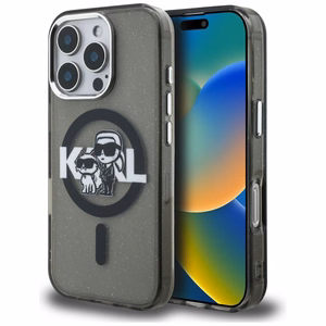 Karl Lagerfeld IML Glitter Karl & Choupette Sketch Logo MagSafe dėklas iPhone 16 Pro - juodas