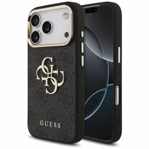Guess PU Leather 4G Metal Logo Gold Frame dėklas Apple iPhone 18 Pro, juodas
