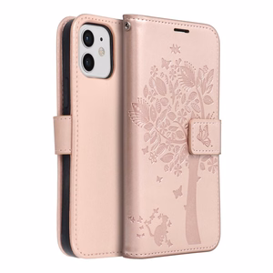 MEZZO knygos tipo dėklas telefonui IPHONE 12 / 12 Pro su medžio raštu, rožinio aukso spalvos