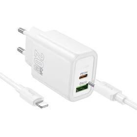 Įkroviklis Hoco USB-A + USB-C QC3.0 PD 3A 20W + kabelis USB-C į Lightning N61 baltas