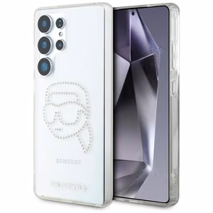 Karl Lagerfeld dėklas telefonui su kalnų krištolais Karl Head logotipu Samsung Galaxy S25 Ultra skaidrus