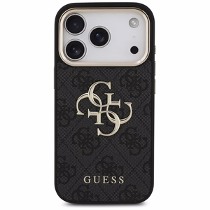 Guess PU Leather 4G Metal Logo Gold Frame dėklas Apple iPhone 18 Pro, juodas