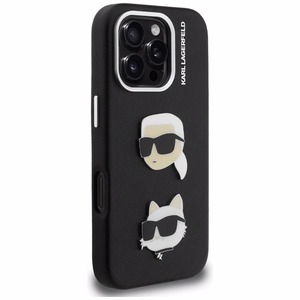 Karl Lagerfeld FW Grained Karl & Choupette Heads Pins Dėklas iPhone 16 Pro - juodas