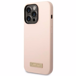 Guess Silicone Logo Plate MagSafe dėklas iPhone 14 Pro, rožinis