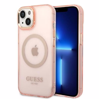 Guess GUHMP14SHTCMP iPhone 14 6.1" rožinis kietas dėklas su auksiniu kontūru, permatomas, magnetinis (MagSafe)
