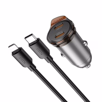 Automobilinis įkroviklis Hoco 2 x USB C QC PD 45W + kabelis USB C į Lightning NZ16B metalinis pilkas