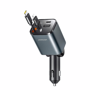 Joyroom JR-CCL05 30W 4 viename automobilinis įkroviklis su 2 įmontuotais ištraukiamais kabeliais - tamsiai pilkas