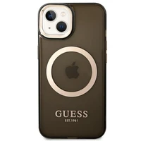 Guess GUHMP14MHTCMK iPhone 14 Plus 6.7" juodas/juodas kietas dėklas Auksinis kontūras Pusiau permatomas Magnetinis