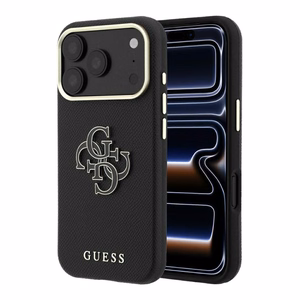 Guess Grained & Big Resin Logo dėklas iPhone 18 Pro Max / 17 Pro Max – juodas