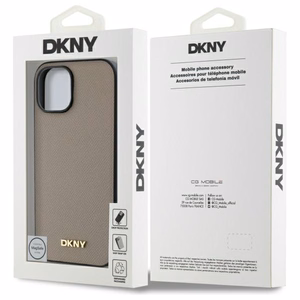 DKNY Grained Metal Logo Magnetinis iPhone 15 dėklas - smėlio spalvos