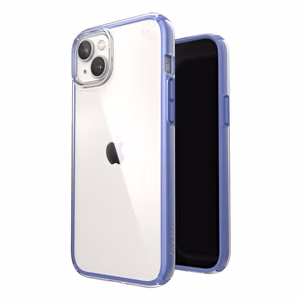 Speck Presidio Perfect-Clear with Impact Geometry case for iPhone 15 Plus / 14 Plus, with Microban antimicrobial protection, Clear / Grounded Purple